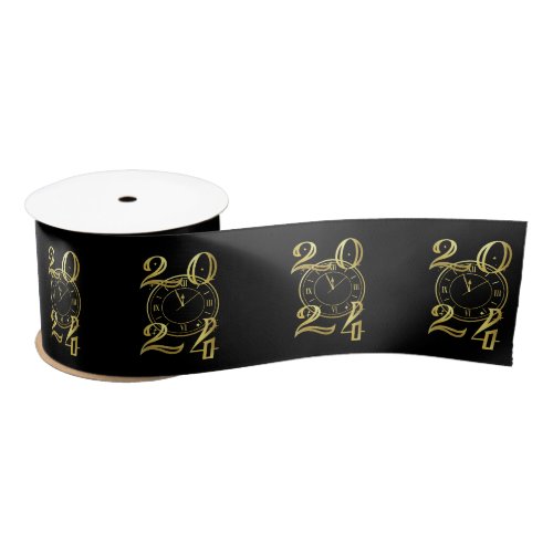 2024 New Year Party Invitation Black and Gold Satin Ribbon