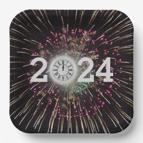 2024 New Years Eve Moon And Clock Paper Plates