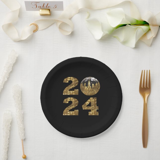 2024 New Year's Eve Party-Ball-NYC Gold- Paper Plates (Wedding)