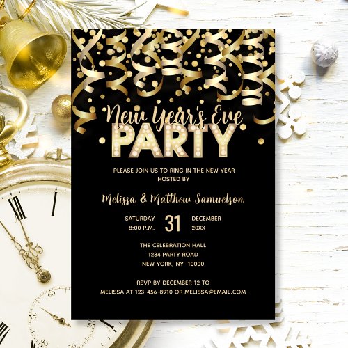 2024 NEW YEARS EVE PARTY Gold Glitter Black Invitation