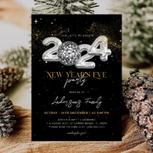 2024 New Year's Eve Party Gold Glitter Disco Ball Invitation