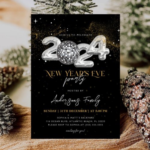 2024 New Years Eve Party Gold Glitter Disco Ball Invitation