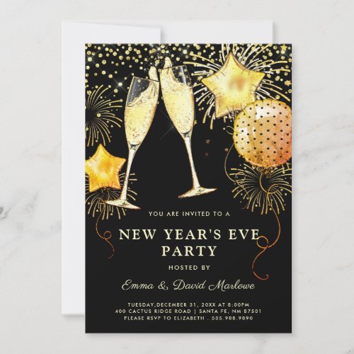 2024 New Years Eve Party Gold Glitter On Black  Invitation