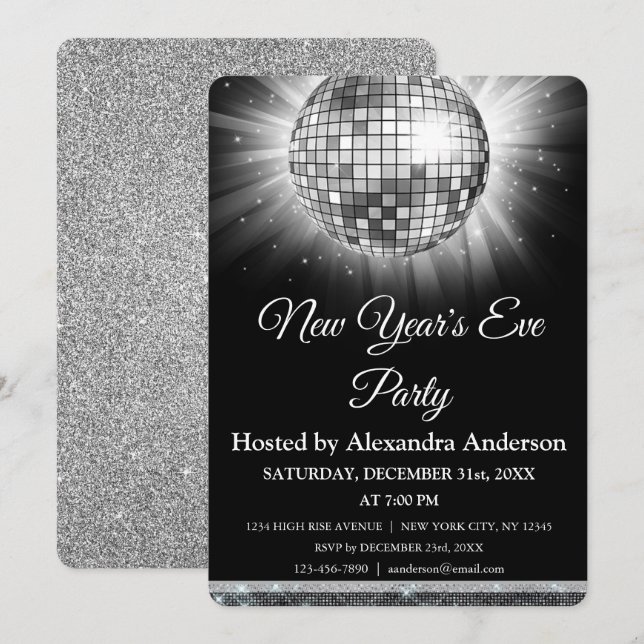 2024 New Year's Eve Party Silver Disco Ball Invitation (Front/Back)