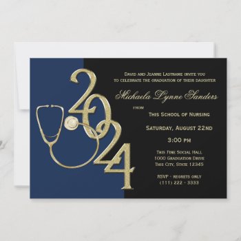 2024 Nursing Medical Field Graduation Blue Gold Invitation by happygotimes at Zazzle