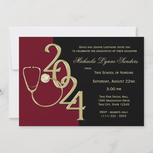 2024 Nursing Medical Field Graduation Maroon Gold Invitation (Front)
