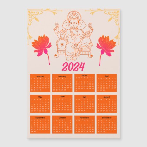 2024 Orange Calendar _ Lord Ganpati Magnetic Card