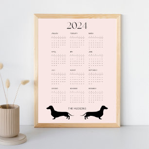 2024 Pale Pink Dachshund Silhouette Calendar Poster