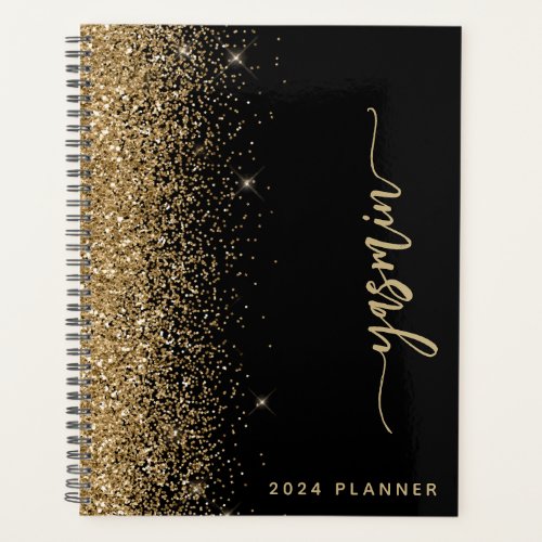 2024 Personalized Black Gold Glitter Planner