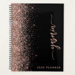 2024 Personalized Black Rose Gold Glitter Planner<br><div class="desc">Personalize this elegant modern design with your name in vertical rose pink signature handwriting script on a black background trimmed with a rose gold faux glitter border. Add the year in sans serif font. (To keep the swashes at the beginning and end of the name, replace only the letters, leaving...</div>