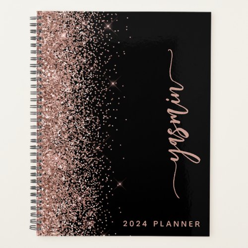 2024 Personalized Black Rose Gold Glitter Planner