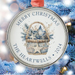 2024 Personalized Blue Basket Merry Christmas Metal Ornament<br><div class="desc">This holiday ornament features a watercolor rustic basket filled with blue and beige holiday star ornaments and pine sprigs. The words "Merry Christmas" appear in blue serif font,  with your family's name and the year below.</div>