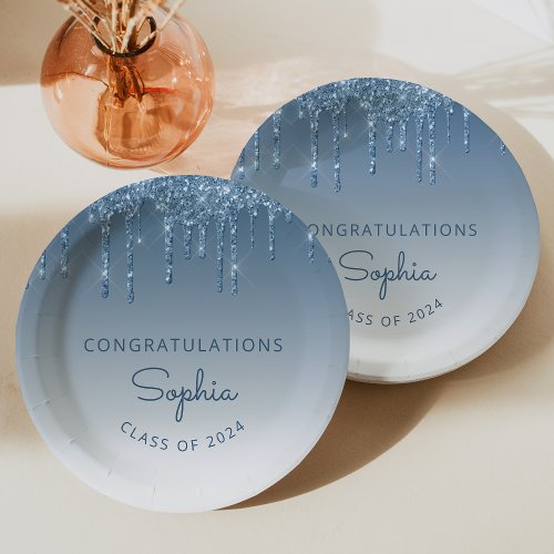 2024 Personalized Blue Glitter Drip Graduation Paper Plates
