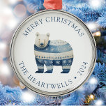 2024 Personalized Blue Polar Bear Merry Christmas Metal Ornament<br><div class="desc">This holiday ornament features a cute watercolor polar bear in a blue and white striped sweater. The words "Merry Christmas" appear in blue serif font,  with your family's name and the year below.</div>