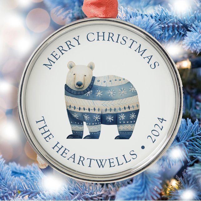 2024 Personalized Blue Polar Bear Merry Christmas Metal Ornament (Creator Uploaded)