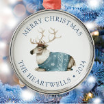 2024 Personalized Blue Reindeer Merry Christmas Metal Ornament<br><div class="desc">This holiday ornament features a sweet watercolor reindeer in a blue and white sweater. The words "Merry Christmas" appear in blue serif font,  with your family's name and the year below.</div>