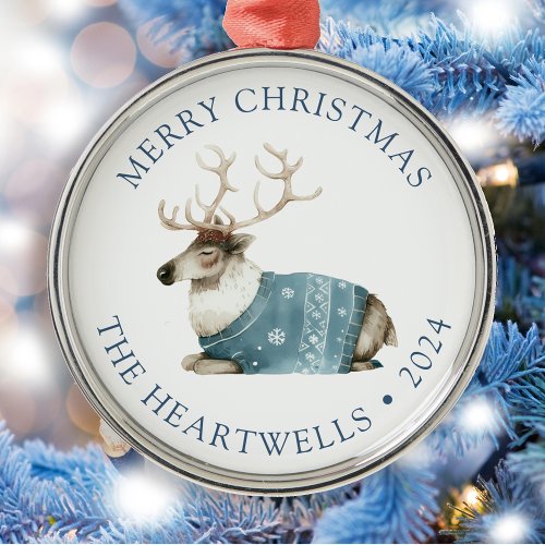 2024 Personalized Blue Reindeer Merry Christmas Metal Ornament