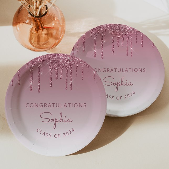 2024 Personalized Burgundy Glitter Drip Graduation Paper Plates (Creator Uploaded)