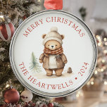 2024 Personalized Cute Bear Merry Christmas Metal Ornament<br><div class="desc">This holiday ornament features a cute brown  watercolor bear in cozy winter clothing. The words "Merry Christmas" appear in brick red serif font,  with your family's name and the year below.</div>