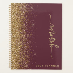 2024 Personalized Dark Burgundy Gold Glitter Planner
