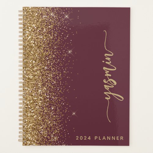 2024 Personalized Dark Burgundy Gold Glitter Planner