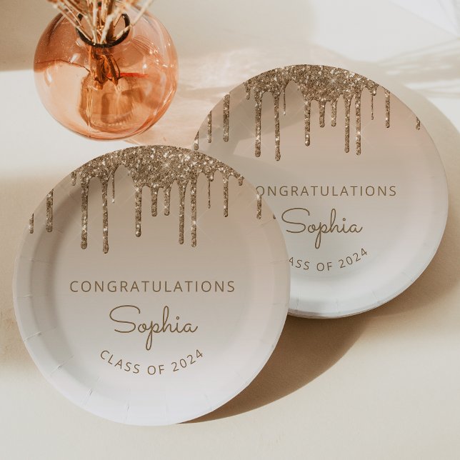 2024 Personalized Gold Glitter Drip Graduation Paper Plates (Creator Uploaded)