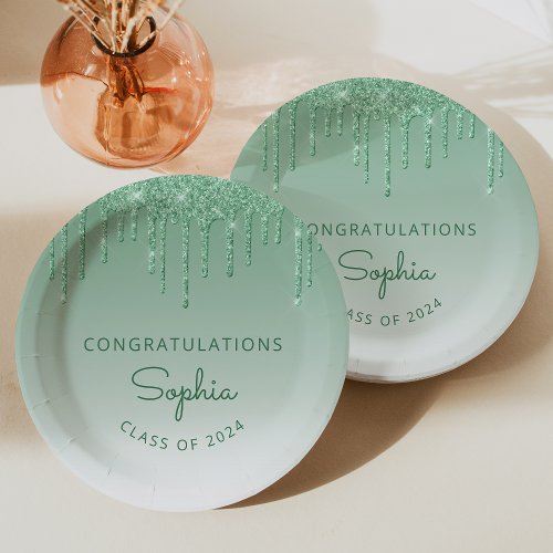 2024 Personalized Green Glitter Drip Graduation Paper Plates