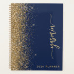2024 Personalized Navy Blue Gold Glitter Planner<br><div class="desc">Personalize this elegant modern design with your name in vertical gold-colored signature handwriting script on a navy blue background trimmed with a gold faux glitter border. Add the year in sans serif font. (To keep the swashes at the beginning and end of the name, replace only the letters, leaving the...</div>