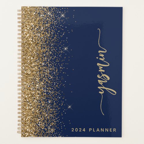 2024 Personalized Navy Blue Gold Glitter Planner