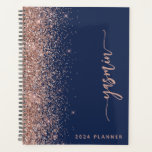 2024 Personalized Navy Blue Rose Gold Glitter Planner<br><div class="desc">Personalize this elegant modern design with your name in vertical rose pink signature handwriting script on a navy blue background trimmed with a rose gold faux glitter border. Add the year in sans serif font. (To keep the swashes at the beginning and end of the name, replace only the letters,...</div>