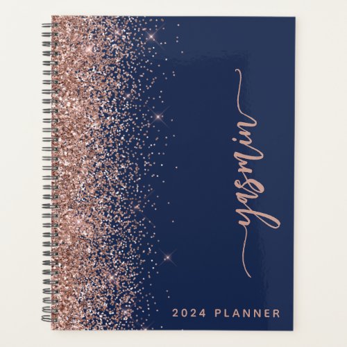 2024 Personalized Navy Blue Rose Gold Glitter Planner