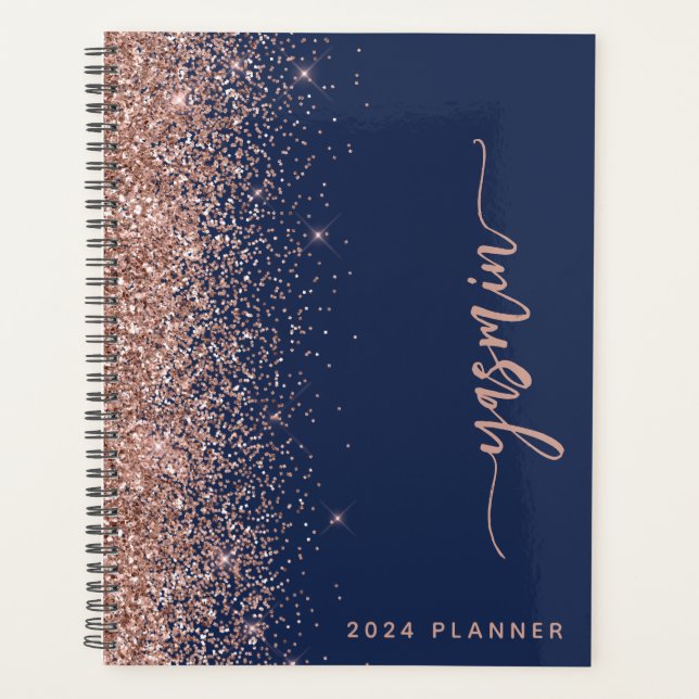 2024 Personalized Navy Blue Rose Gold Glitter Planner (Front)