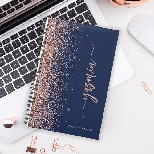 2024 Personalized Navy Blue Rose Gold Glitter Planner