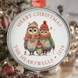 2024 Personalized Owl Family Merry Christmas Metal Ornament<br><div class="desc">This holiday ornament features a cute watercolor owl family dressed in cozy knitted sweaters,  scarves and hats. The words "Merry Christmas" appear in brick red serif font,  with your family's name and the year below.</div>