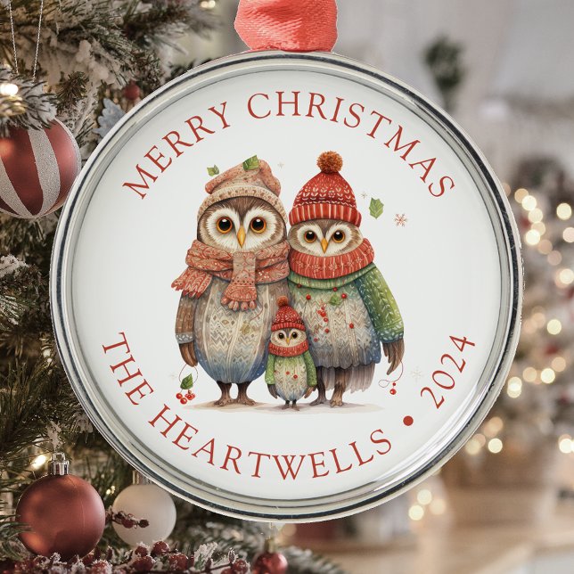2024 Personalized Owl Family Merry Christmas Metal Ornament (Creator Uploaded)