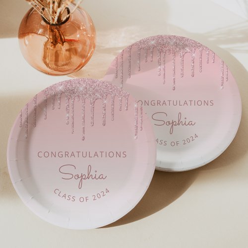 2024 Personalized Pink Glitter Drip Graduation Paper Plates