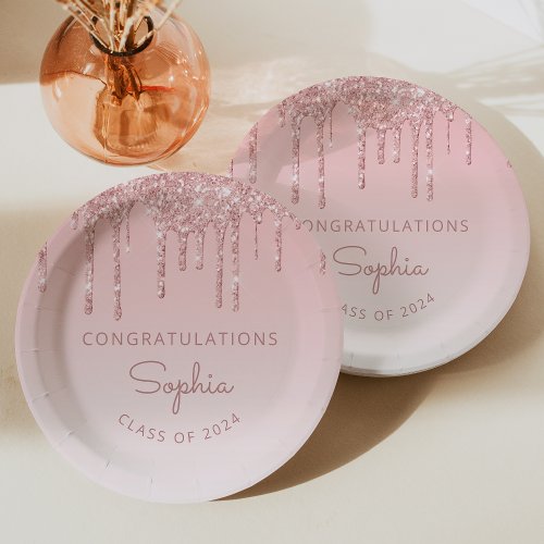 2024 Personalized Pink Glitter Drip Graduation Paper Plates