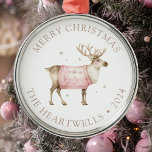 2024 Personalized Pink Reindeer Merry Christmas Metal Ornament<br><div class="desc">This cute holiday ornament features a pink and beige watercolor reindeer in a cozy pink sweater. The words "Merry Christmas" appear in beige serif font,  with your family's name and the year below.</div>