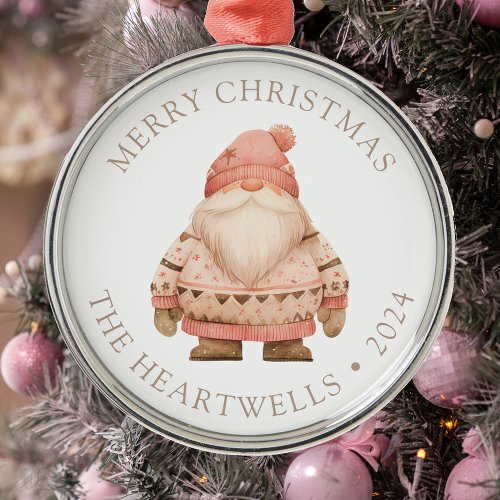 2024 Personalized Pink Santa Gnome Merry Christmas Metal Ornament