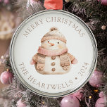 2024 Personalized Pink Snowman Merry Christmas Metal Ornament<br><div class="desc">This cute holiday ornament features a pink and beige watercolor snowman in a cozy knitted scarf and hat. The words "Merry Christmas" appear in beige serif font,  with your family's name and the year below.</div>