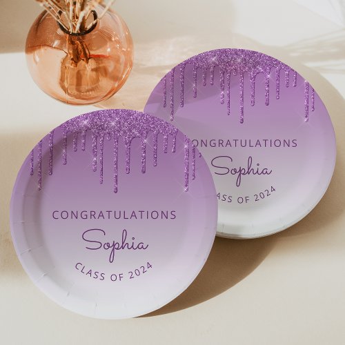 2024 Personalized Purple Glitter Drip Graduation Paper Plates