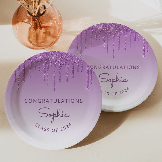 2024 Personalized Purple Glitter Drip Graduation Paper Plates (Creator Uploaded)