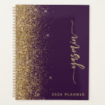 2024 Personalized Purple Gold Glitter Planner<br><div class="desc">Personalize this elegant modern design with your name in vertical gold-colored signature handwriting script on a dark purple background trimmed with a gold faux glitter border. Add the year in sans serif font. (To keep the swashes at the beginning and end of the name, replace only the letters, leaving the...</div>