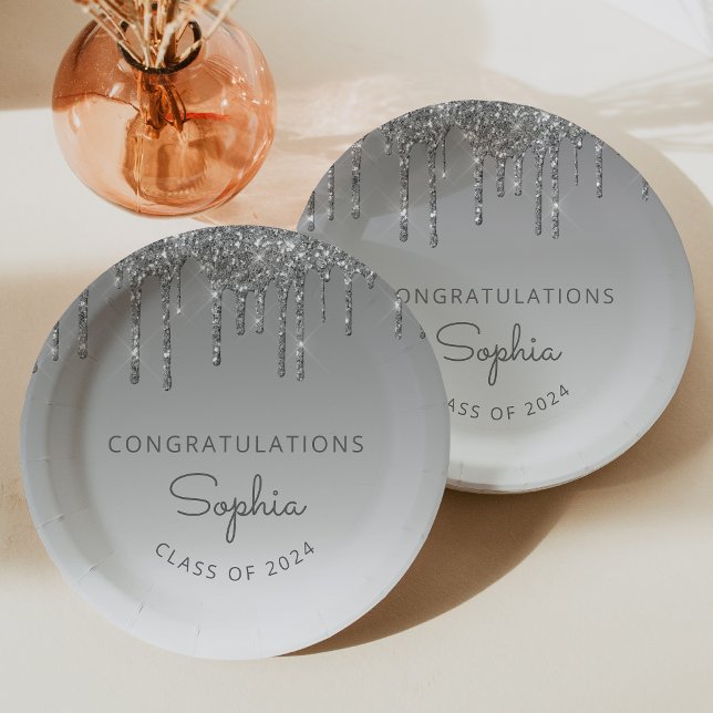 2024 Personalized Silver Glitter Drip Graduation Paper Plates (Creator Uploaded)