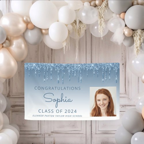2024 Photo Blue Glitter Drip Graduation Banner