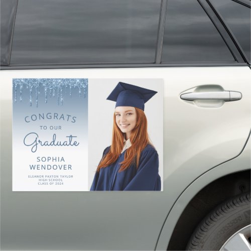 2024 Photo Blue Glitter Drip Graduation Car Magnet
