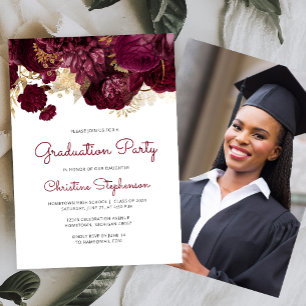 2024 Photo Burgundy Floral Graduation Party Invitation