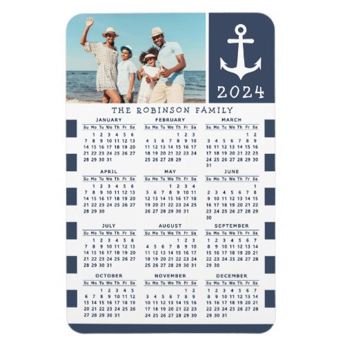 2024 Photo Calendar Navy Blue White Nautical Magnet
