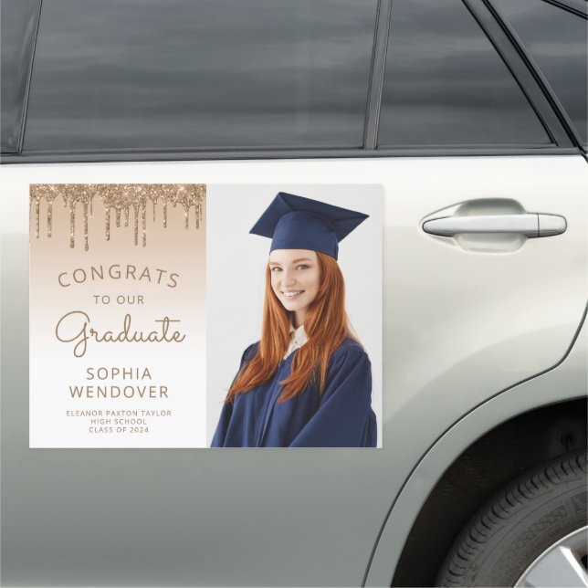 2024 Photo Gold Glitter Drip Graduation Car Magnet (In Situ)
