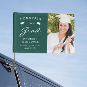 2024 Photo Green and White Graduation Car Flag